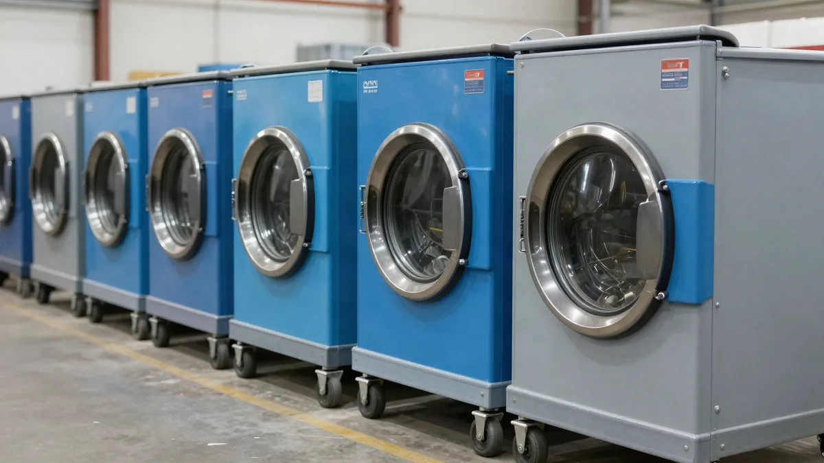 Row of industrial laundry carts lined up in a bright warehouse staging area
