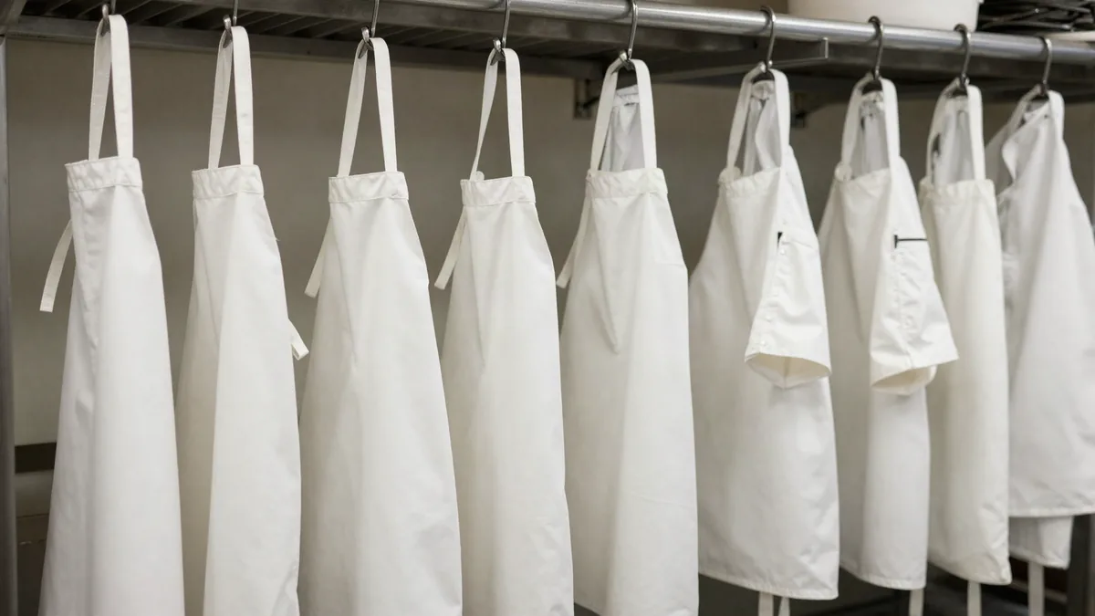 Clean pressed white chef coats and aprons hanging on a rail in a restaurant back-of-house