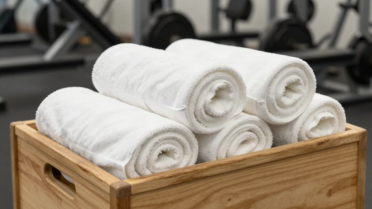 Rolled white gym towels in a bin beside fitness equipment in a modern gym